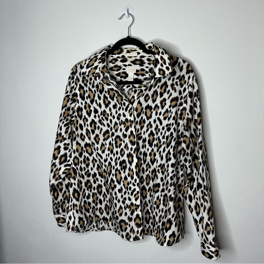 Chico's No-Iron Cheetah Print Button Down Blouse Size 2.5